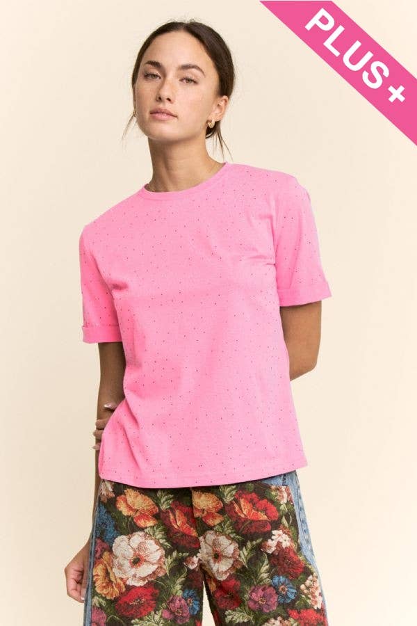 Davi & Dani - PLUS RHINESTONE EMBELLISHED RELAXED CREW NECK TEE
