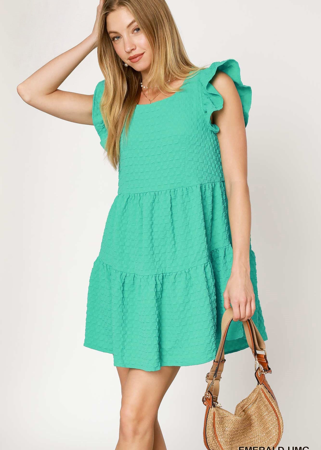 Texture Jacquard round neck tiered dress with back button