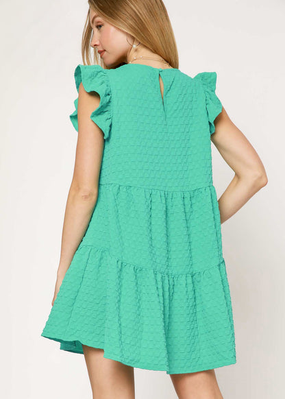 Texture Jacquard round neck tiered dress with back button