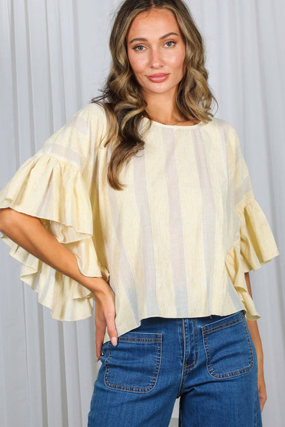 Wild Ruffle Embellished Sleeve Flowy Striped Top