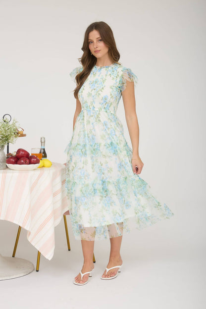 FLORAL TULLE PATTERN SMOCKED TIERED MIDI DRESS