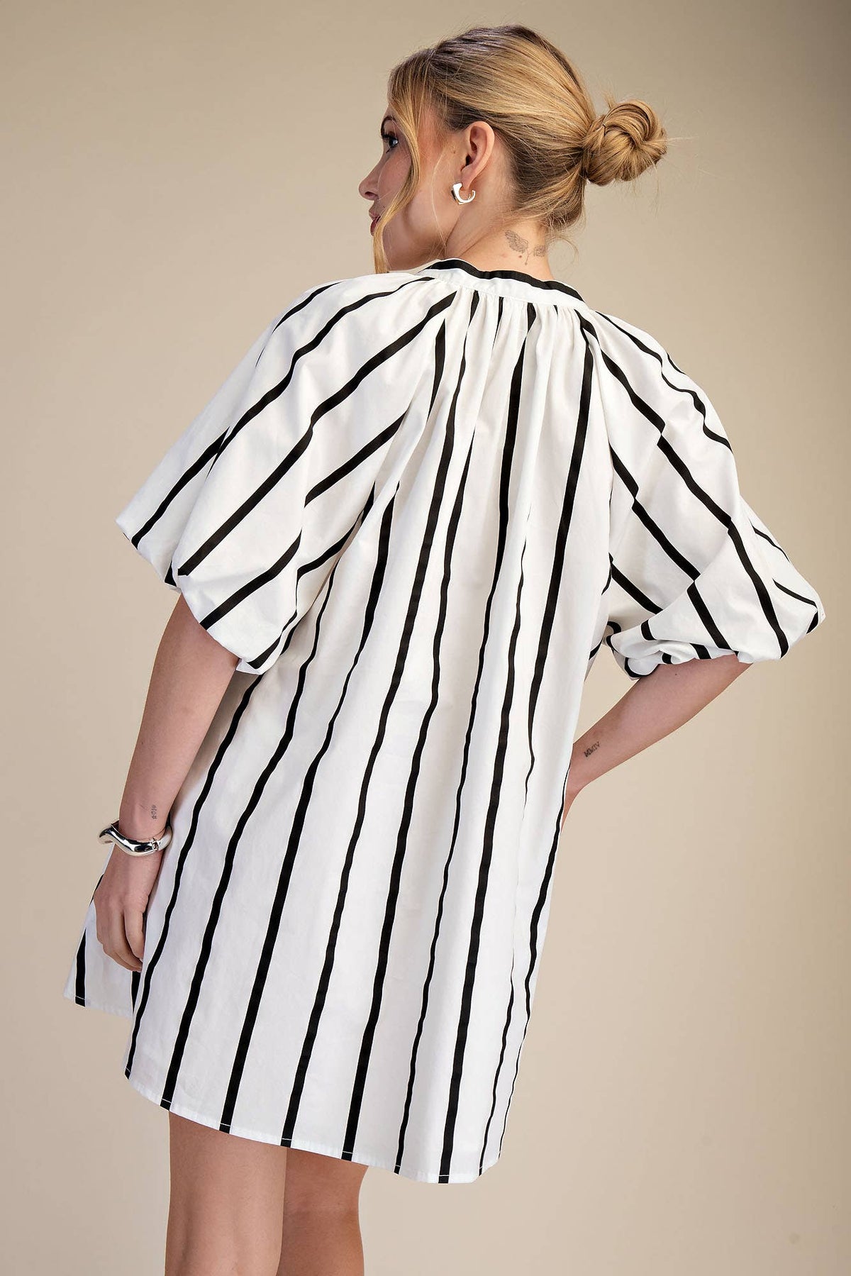 Glam - Puff-Sleeve Stripe Mini Shift Dress