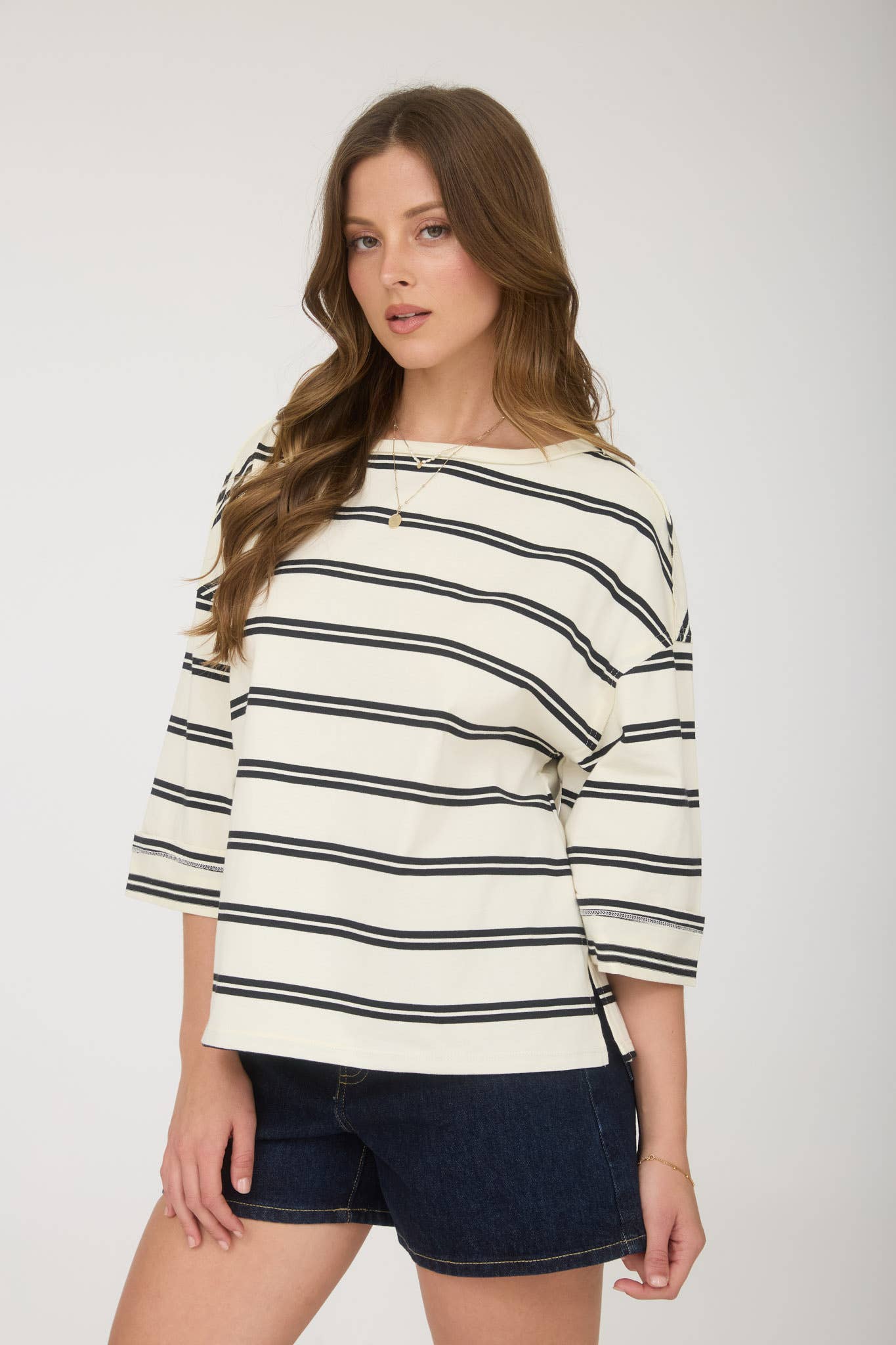 STRIPE RAW EDGE CUFF SLEEVE OVERSIZED KNIT TOP