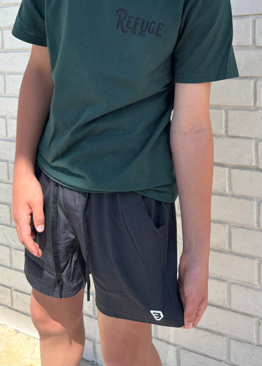 Burlebo youth athletic short- heather black retro duck camo liner