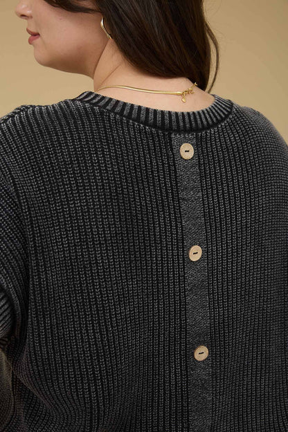 WASHED KNIT SHORT TAB SLEEVE PULLOVER SWEATER