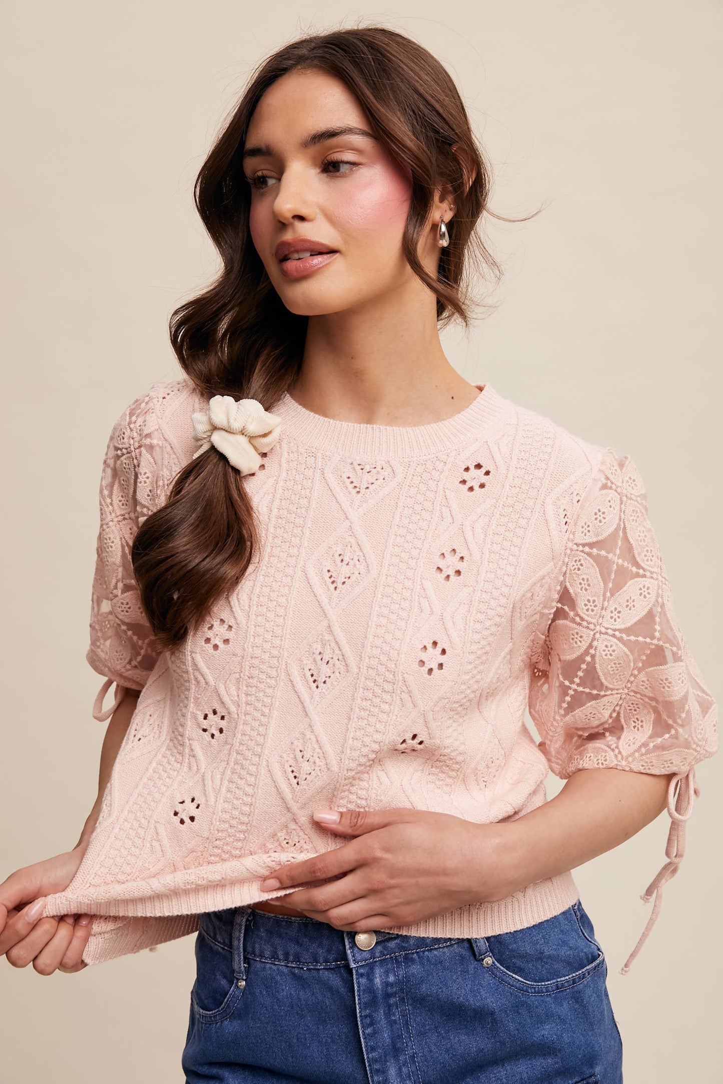 Listicle - Eyelet Puff Sleeve Knit Sweater Top