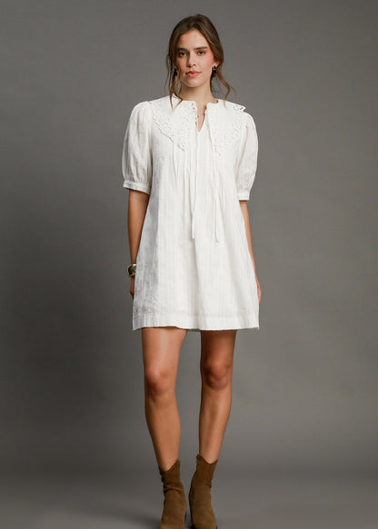 eyelet collared mini dress with front tie