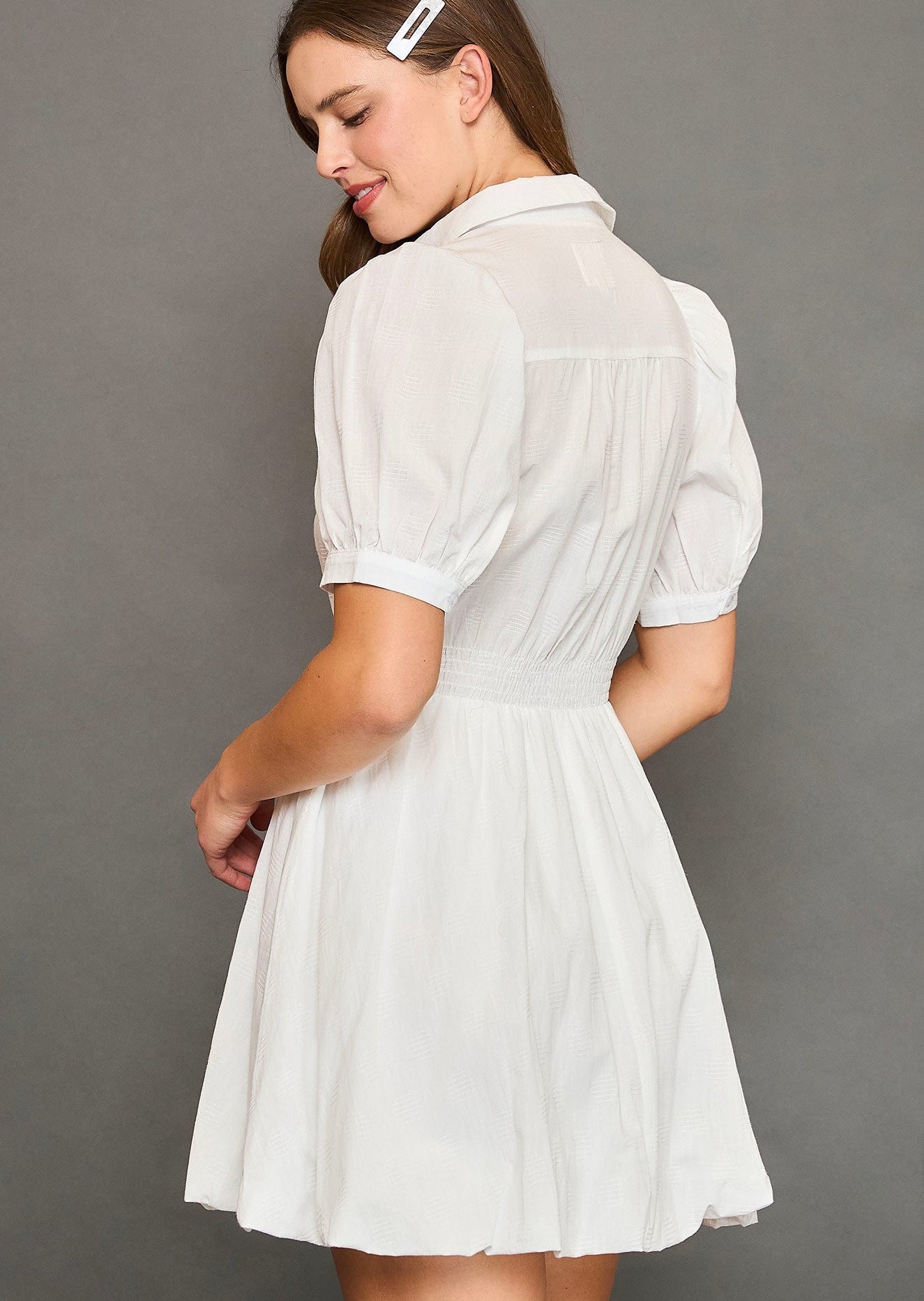 puff sleeve smocked waist mini dress
