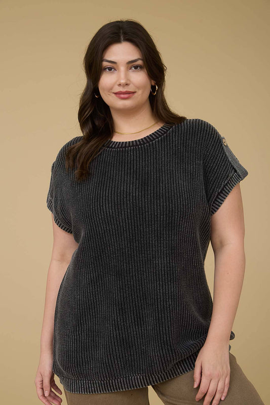 WASHED KNIT SHORT TAB SLEEVE PULLOVER SWEATER