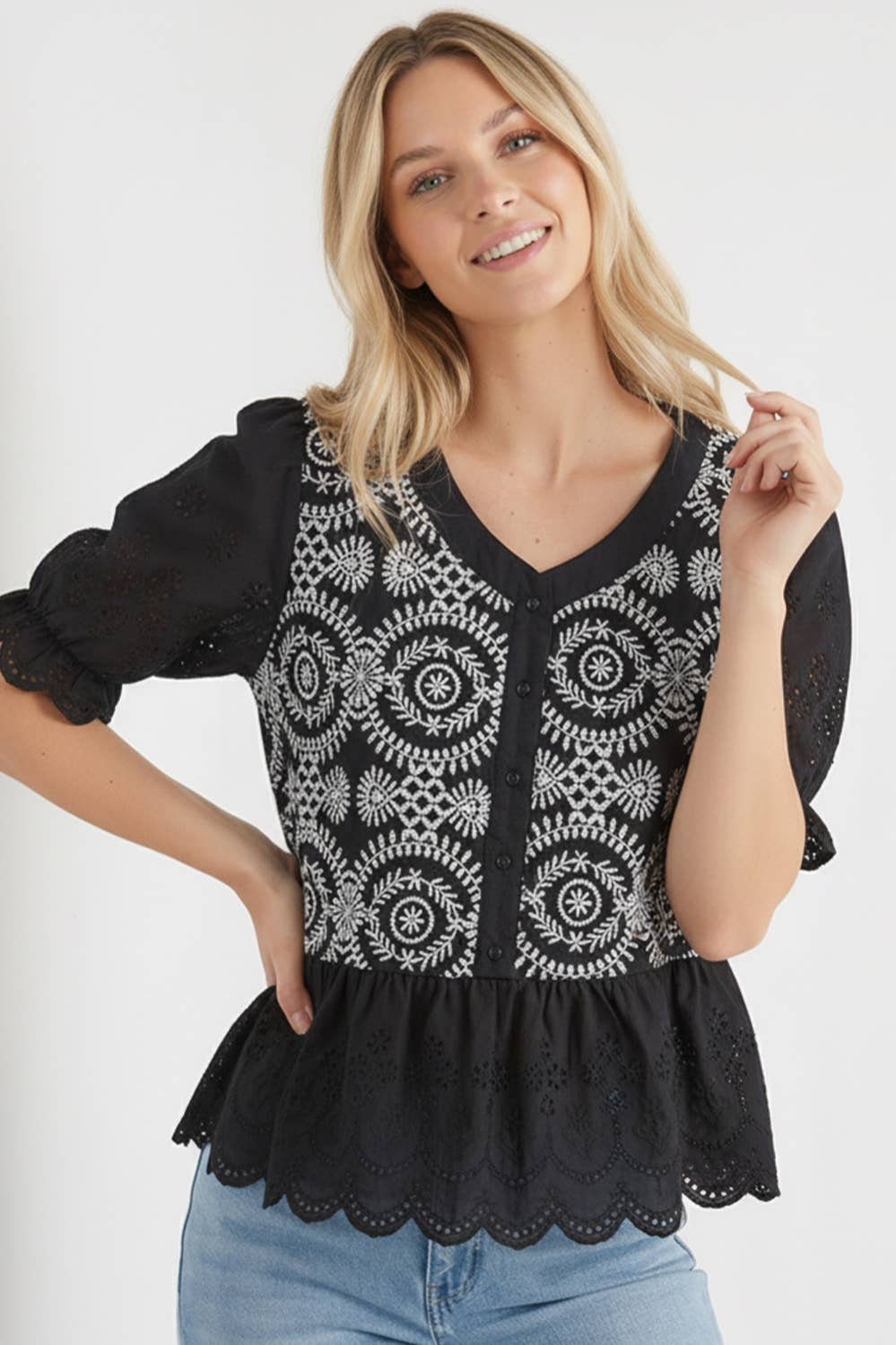 Kori America - BUTTON DOWN EYELET LACE SHIRTS BLOUSE