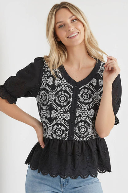 Kori America - BUTTON DOWN EYELET LACE SHIRTS BLOUSE