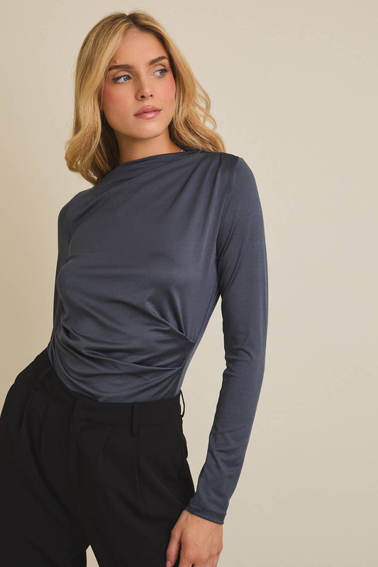 MOCK NECK LONG SLEEVE SHIRRING DETAIL TOP