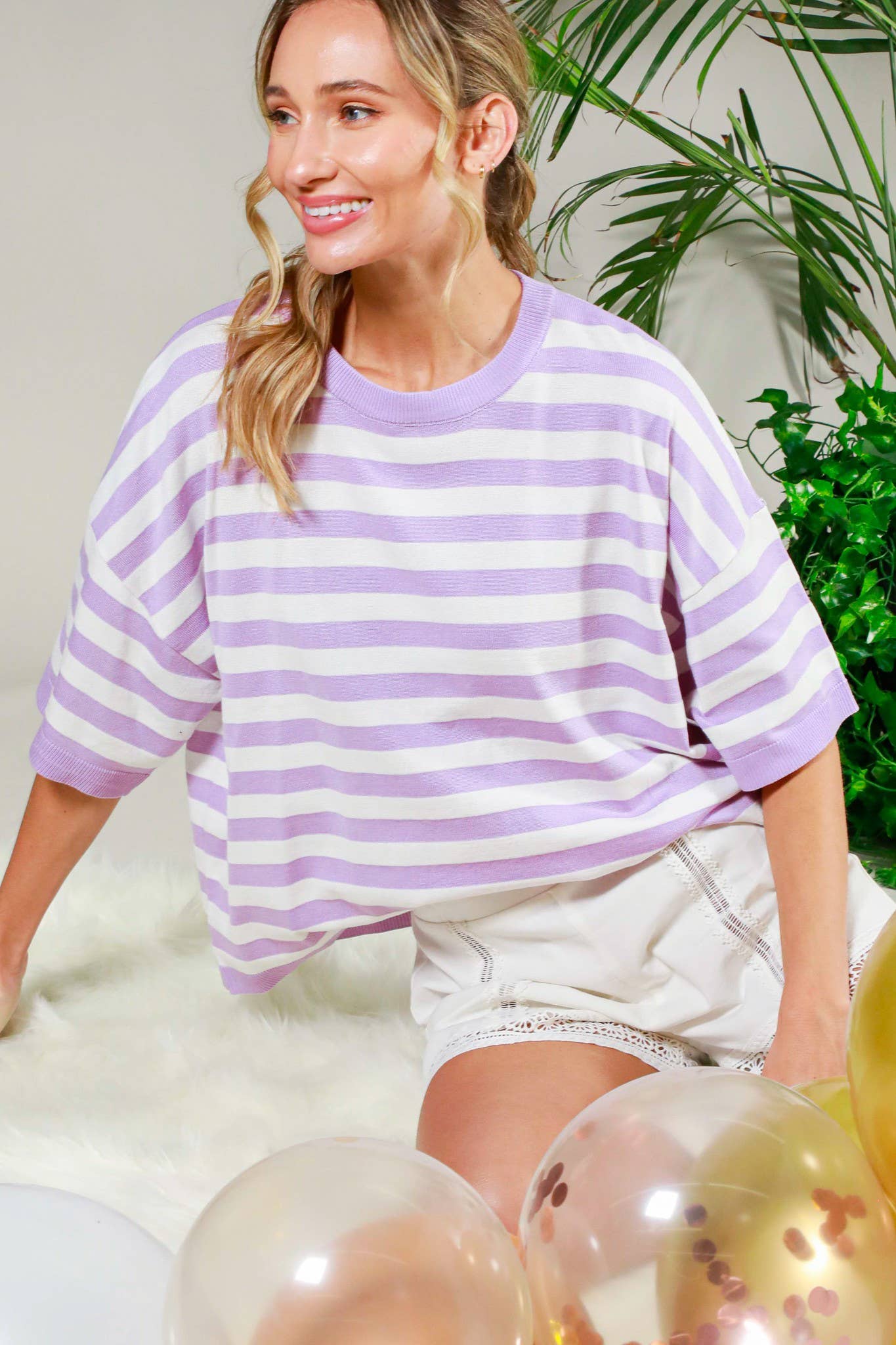 Vine & Love - Crew Neck Short-Sleeve Stripe knitted Sweater Top VT81842