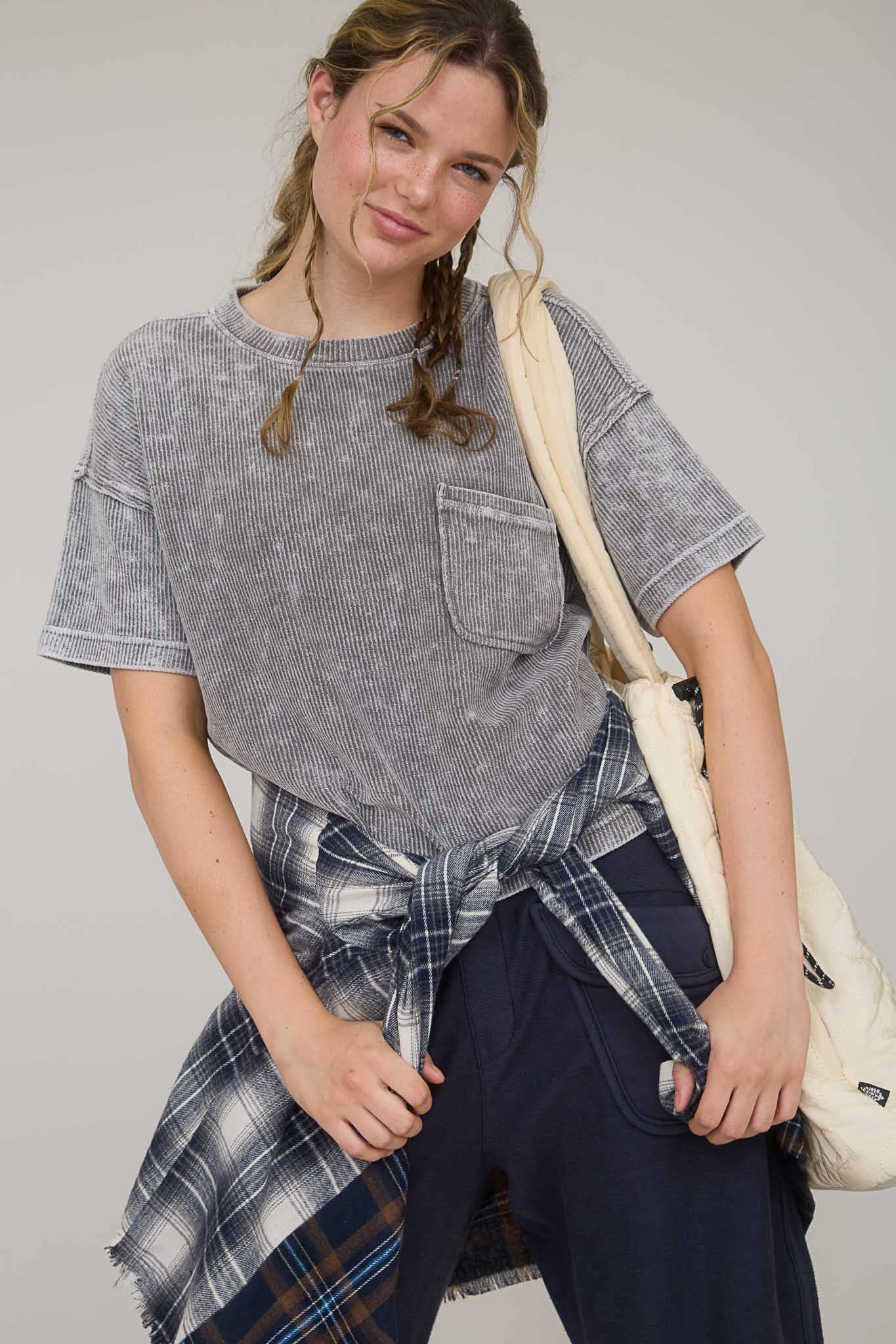 Washed Ribbed Short Sleeve Tee with Pocket