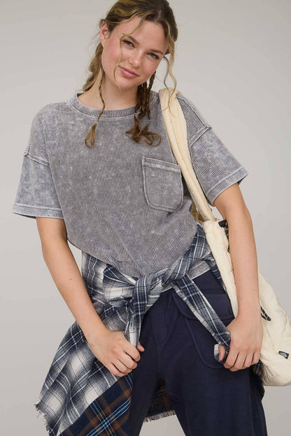 Washed Ribbed Short Sleeve Tee with Pocket
