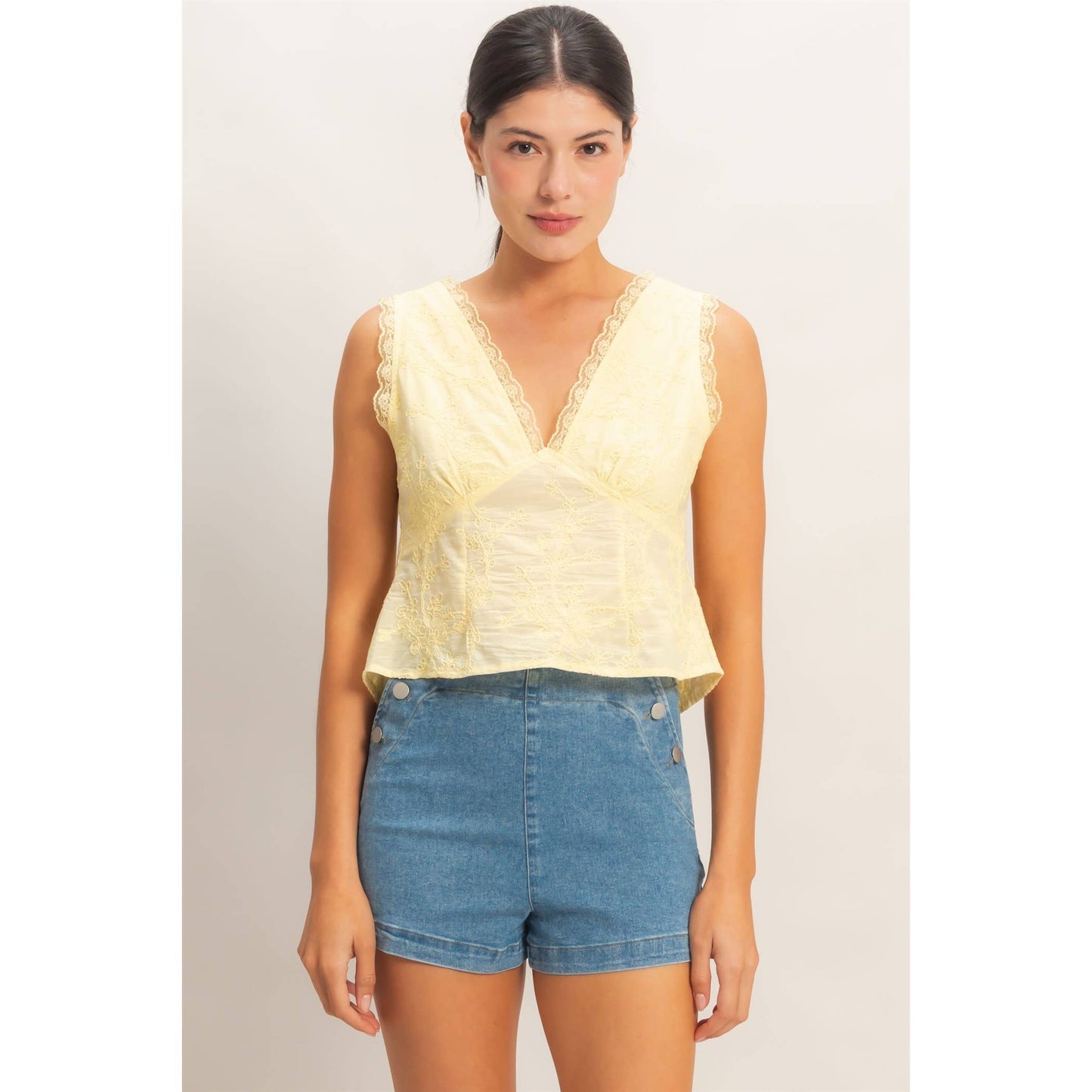 HYFVE - V-Neck Floral Lace Trim Top