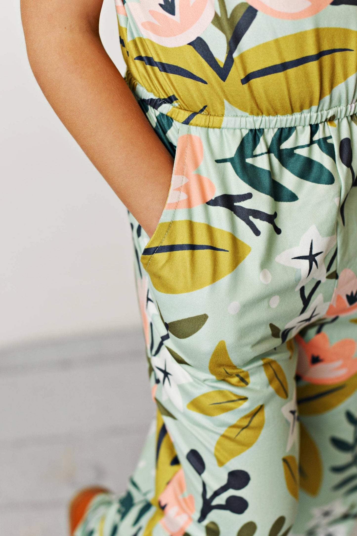 Kids Sage Pink Floral Spring Summer Jumpsuit With Pockets