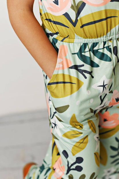 Kids Sage Pink Floral Spring Summer Jumpsuit With Pockets