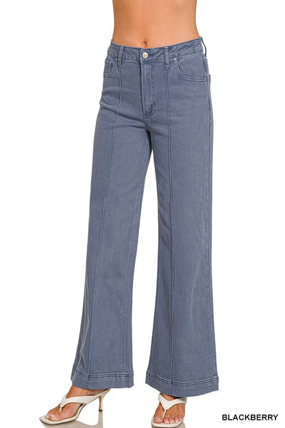 42POPS -  High Rise Wide Leg Pintuck Color Denim Pants