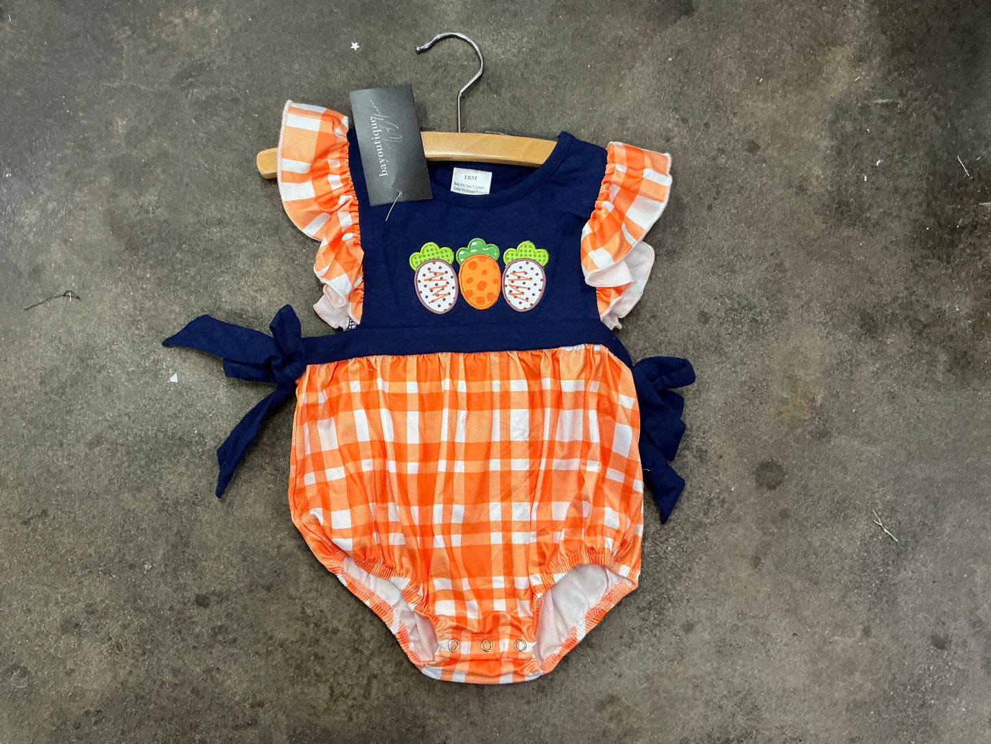 Rylee Faith Designs - Easter Carrot Applique Ruffle Baby Romper