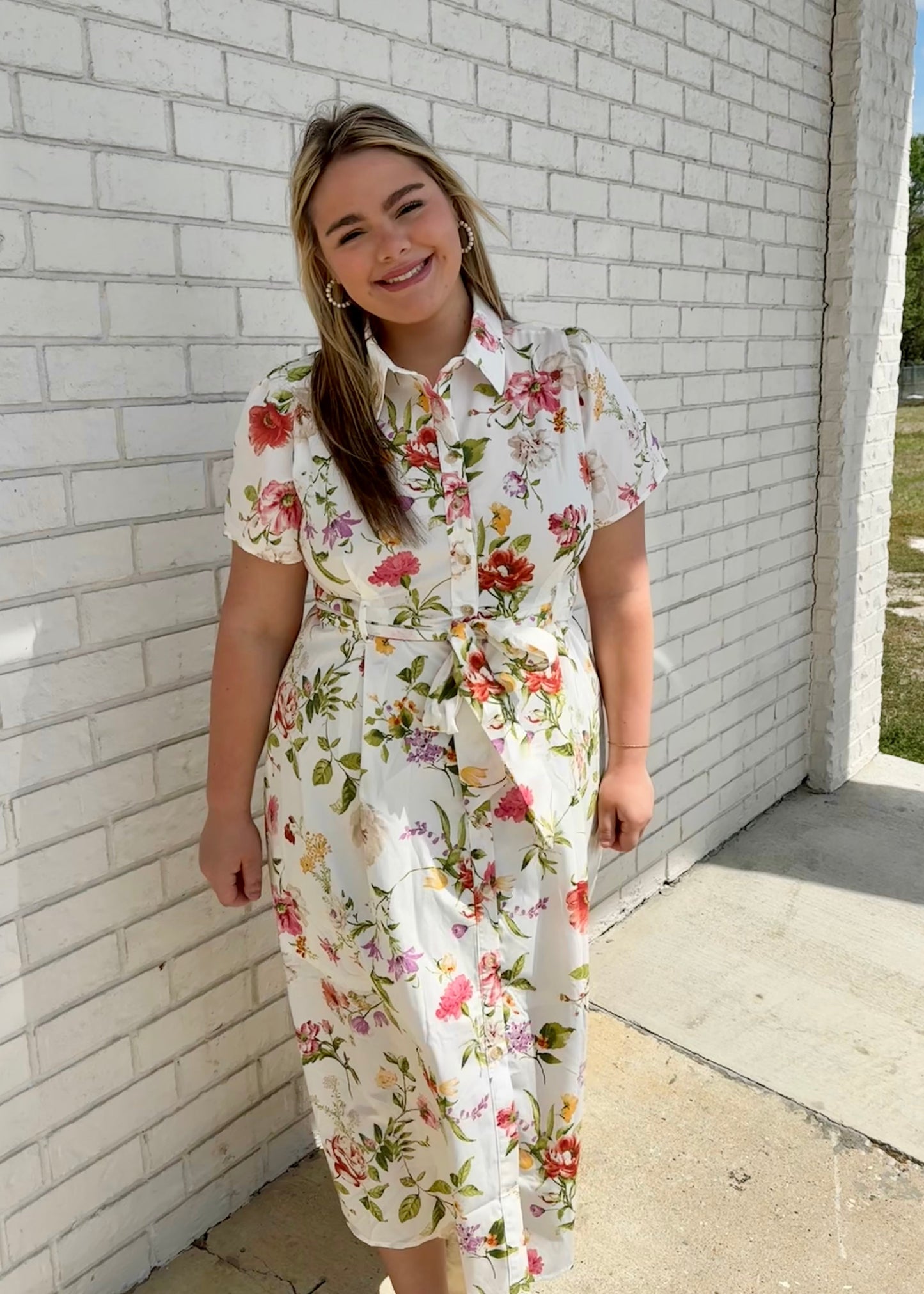 Blu Pepper - PLUS FLORAL SHORT SLEEVE BELTED MIDI SHIRT DRESS