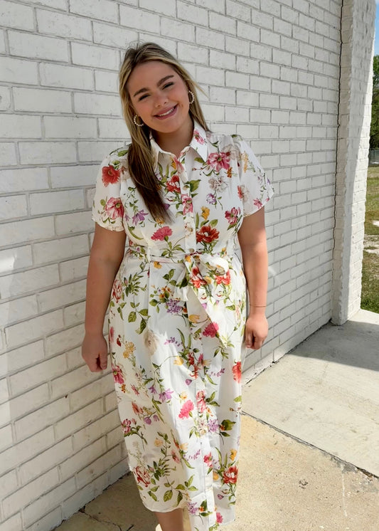 Blu Pepper - PLUS FLORAL SHORT SLEEVE BELTED MIDI SHIRT DRESS