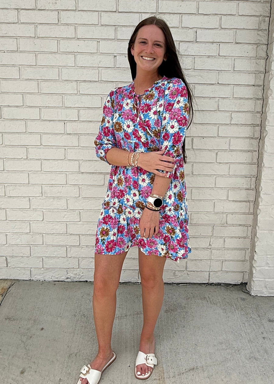 Flower Print Ruffle Tiered Mini Dress with V-Neck Ruffle, Front Tie & Piping
