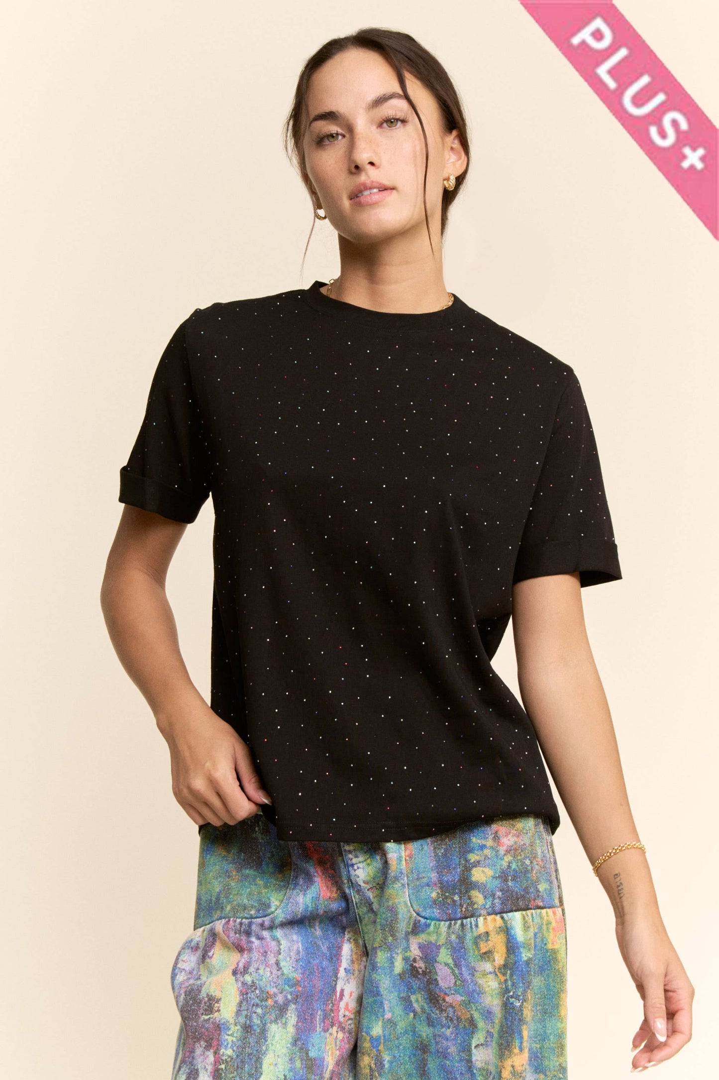 Davi & Dani - PLUS RHINESTONE EMBELLISHED RELAXED CREW NECK TEE