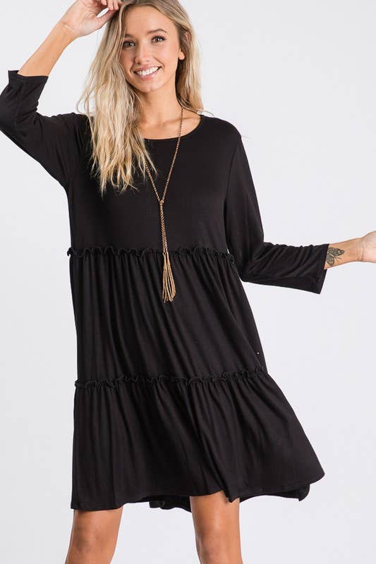 BLACK SOLID DRESS WITH RUFFLE DETAIL