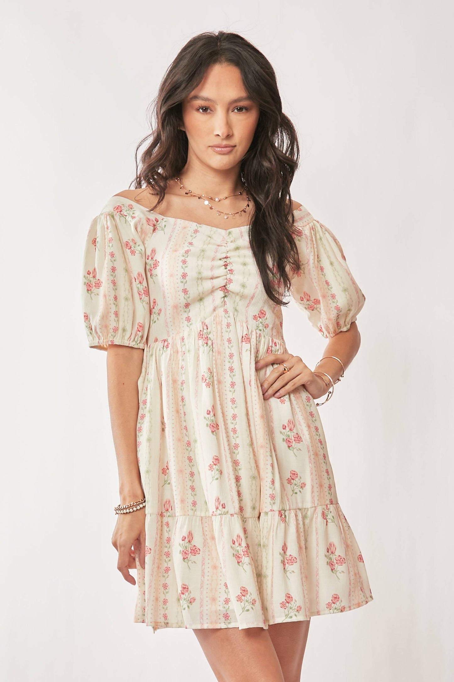 FLORAL SHORT BALLOON SLEEVE POCKET MINI DRESS
