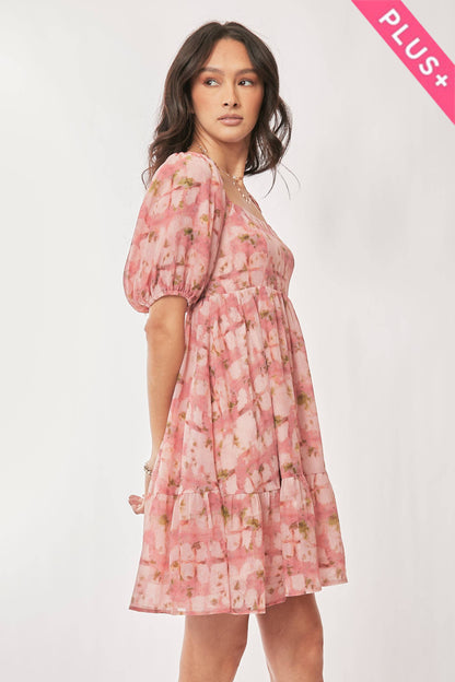 Davi & Dani - PLUS FLORAL BALLOON SLEEVE RUFFLE STRAP MINI DRESS