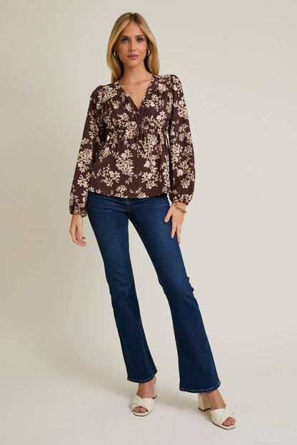 GILLI - V-NECK FRONT TIE LONG SLEEVE FLARE HEM FLORAL TOP