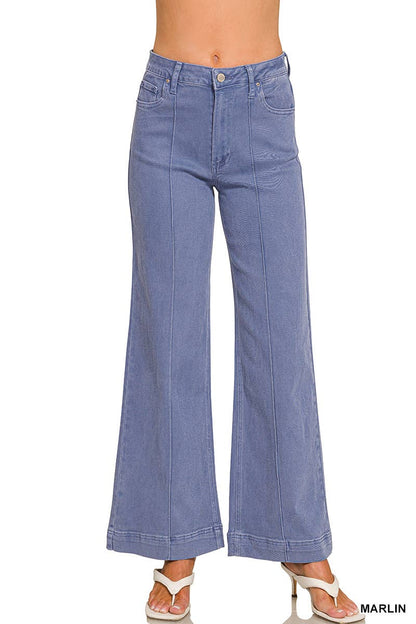 42POPS -  High Rise Wide Leg Pintuck Color Denim Pants