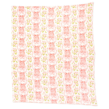 Pippi Post - Pink Ballet Slippers & Florals Fleece Throw Blanket