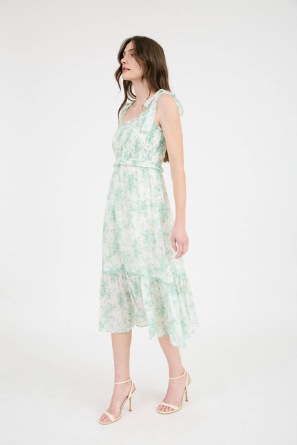 Blu Pepper - FLORAL SMOCKED SWEETHEART  RUFFLE TRIM MIDI DRESS