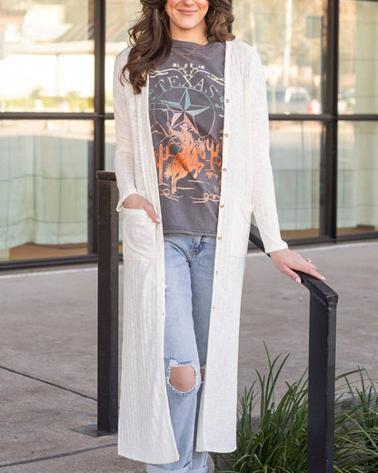 Grace and Lace - Ribbed Long Duster Cardigan in Ivory