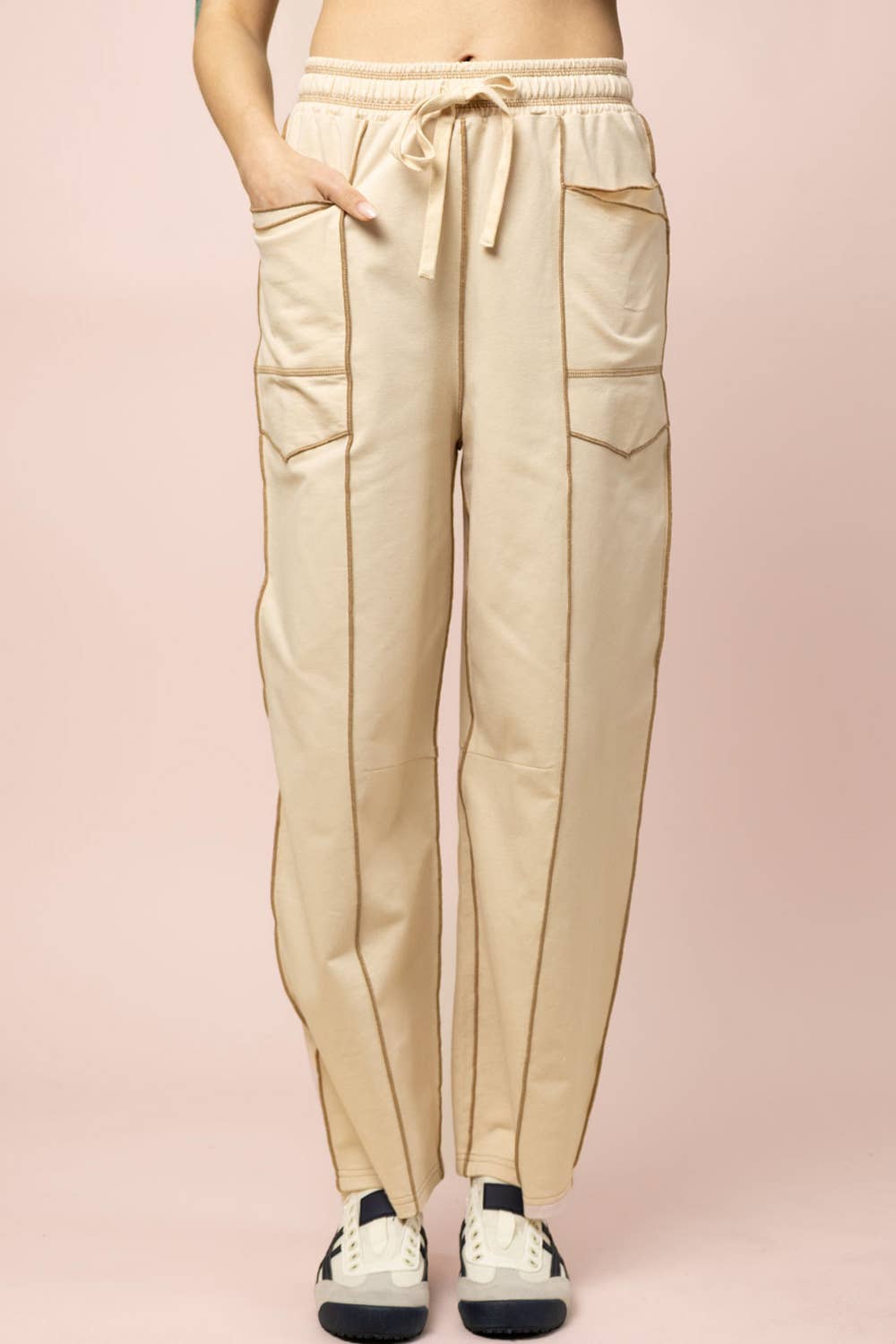 Cream Stitch Detail Casual Knit Pants