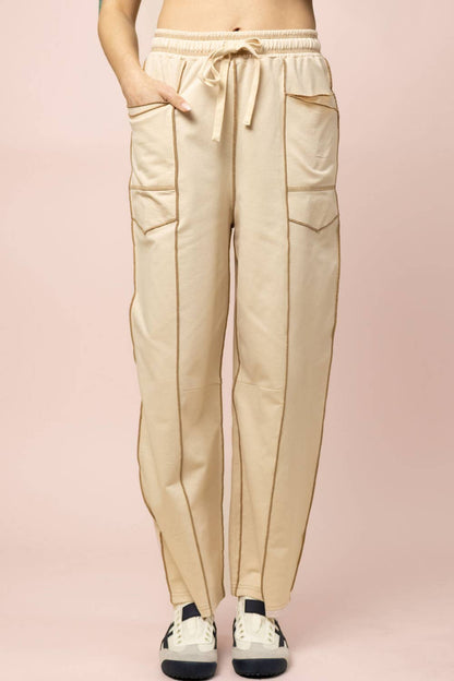 Cream Stitch Detail Casual Knit Pants