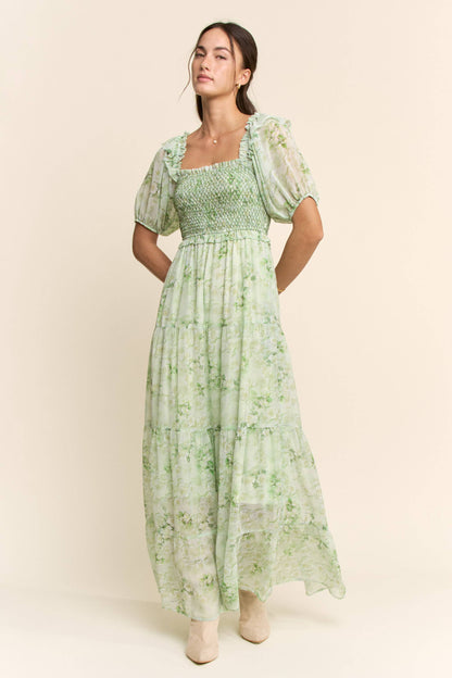 Davi & Dani - SMOCKED SQUARE NECK TIERED FLORAL MAXI DRESS