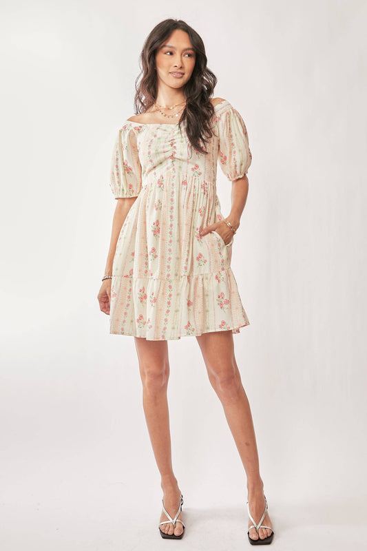 FLORAL SHORT BALLOON SLEEVE POCKET MINI DRESS