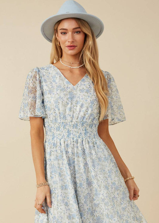 Hayden LA - Womens Foiled Mesh Antique Floral Smocked Dress