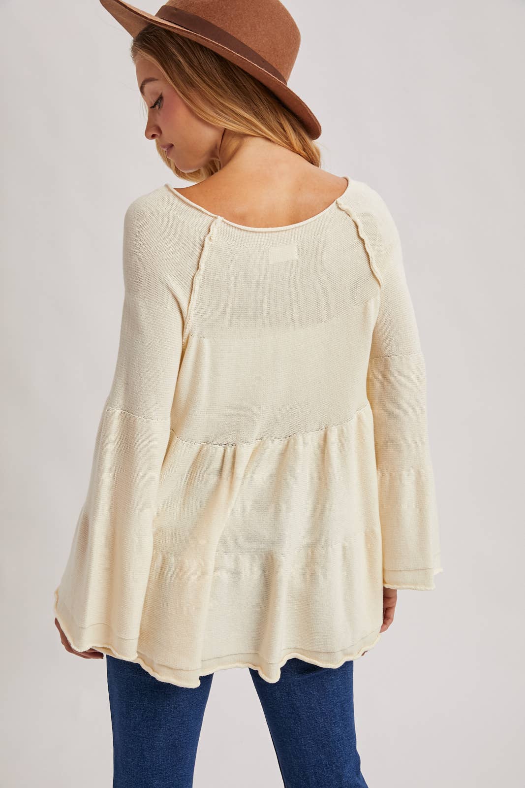 Bluivy - OVER STITCH TIERED BABY DOLL BELL SLEEVED SWEATER