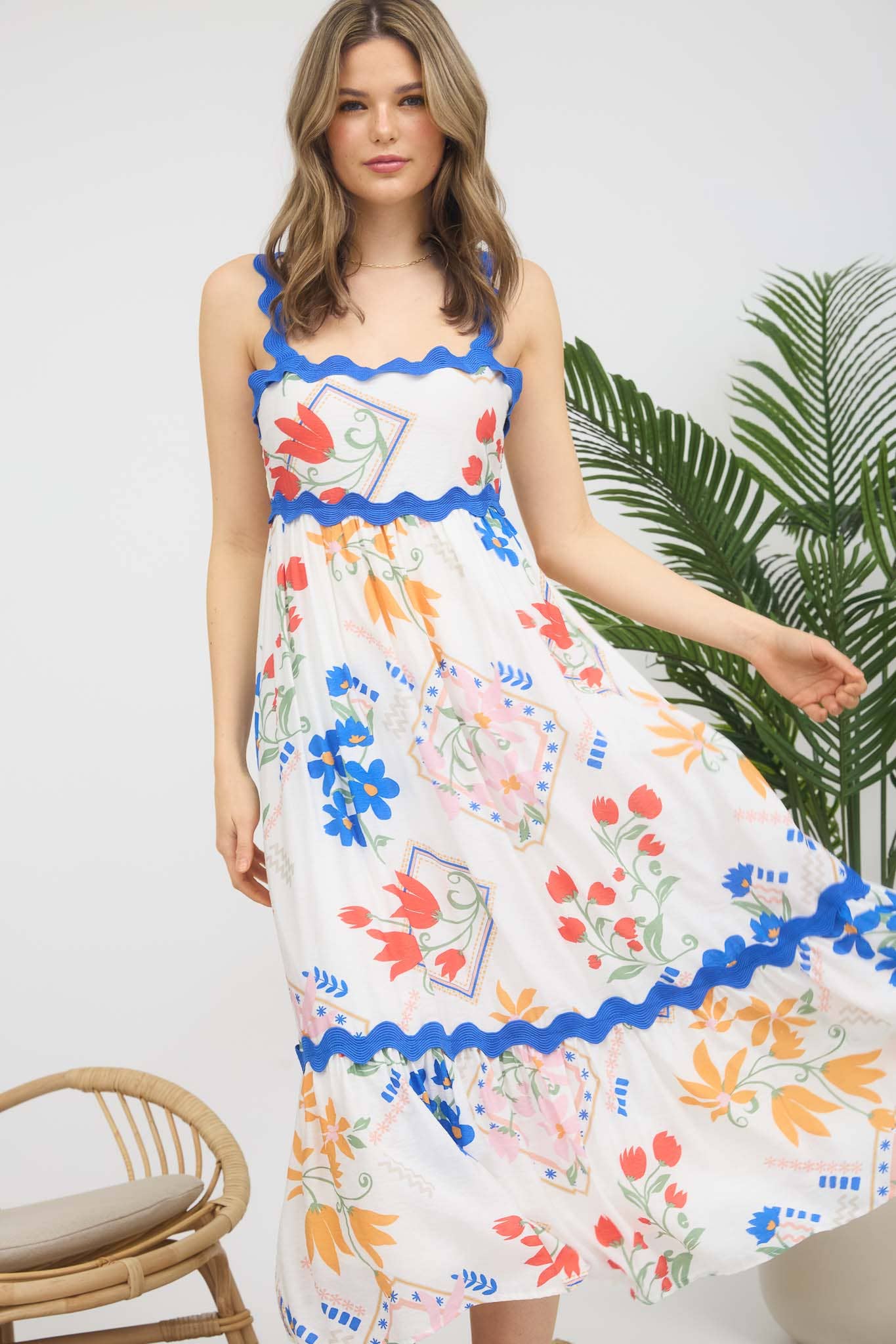 FLORAL PATTERN WAVY DETAIL SLEEVELESS MIDI DRESS