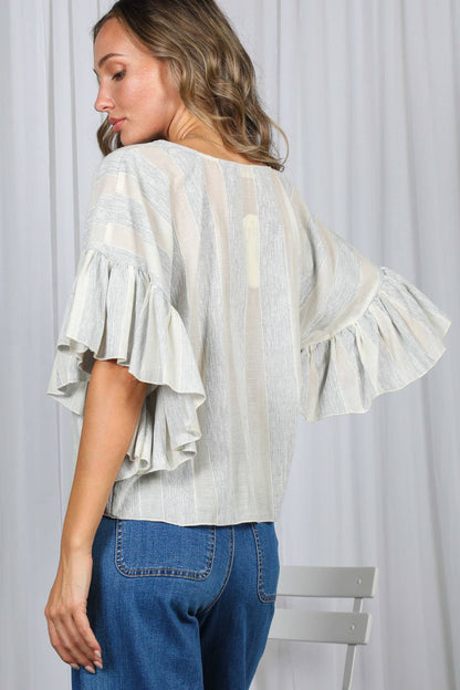 Wild Ruffle Embellished Sleeve Flowy Striped Top