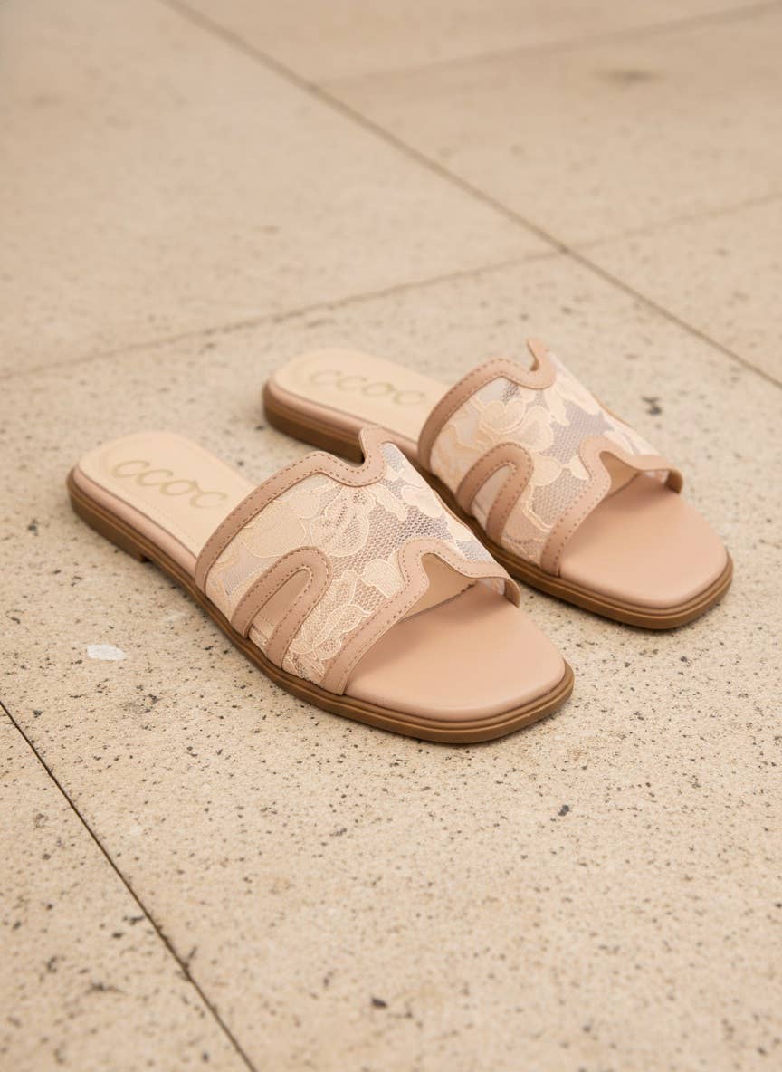 CCOCCI - BRITNEY Lace Mesh Sandals  H-Cutout Square Toe Slides