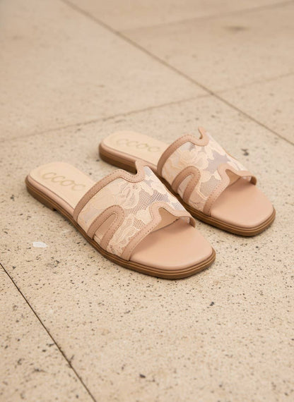 CCOCCI - BRITNEY Lace Mesh Sandals  H-Cutout Square Toe Slides