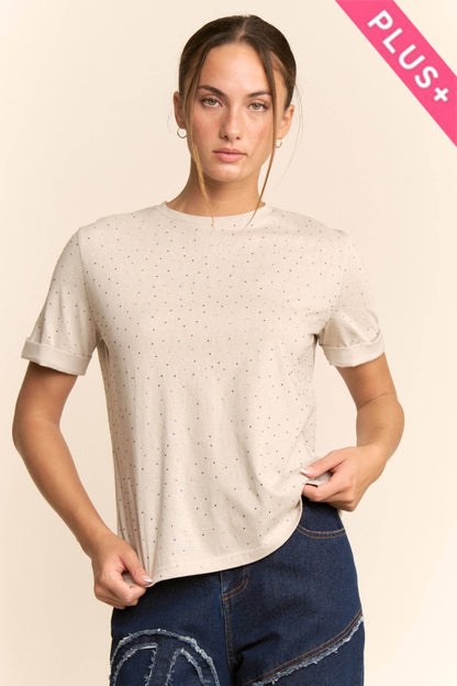 Davi & Dani - PLUS RHINESTONE EMBELLISHED RELAXED CREW NECK TEE