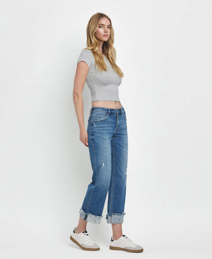 MID RISE RAW CUFFED HEM SLIM WIDE JEANS
