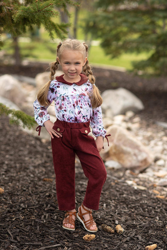 Wren & James - Kids Wine Burgundy Corduroy Pocket Bow Winter Pant Set