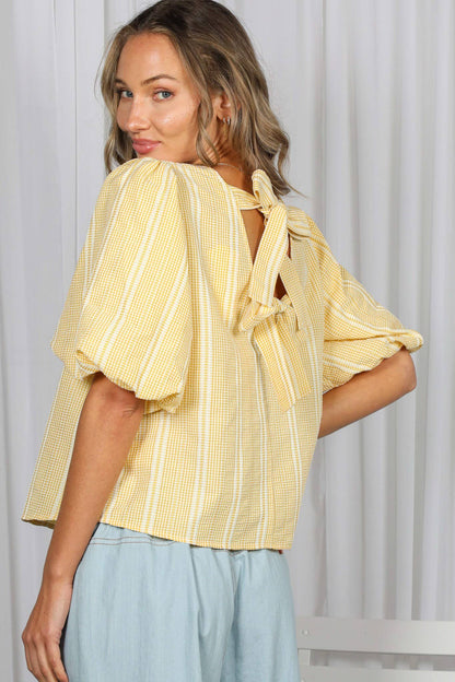 V-Back 2 Bow Accent Feminine Plaid Blouse Top